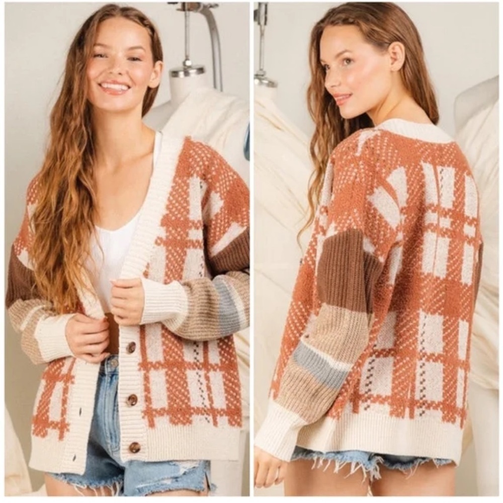 Love Riche Cozy Chic Mixed Knitted Rust Oversized Cardigan Button Down Plaid - Picture 11 of 12
